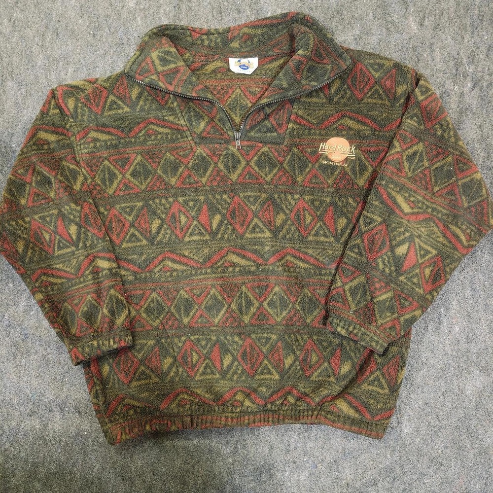Vtg 90s Hard Rock Cafe Montreal Aztec Fleece Quarter Zip Pullover Jumper Medium